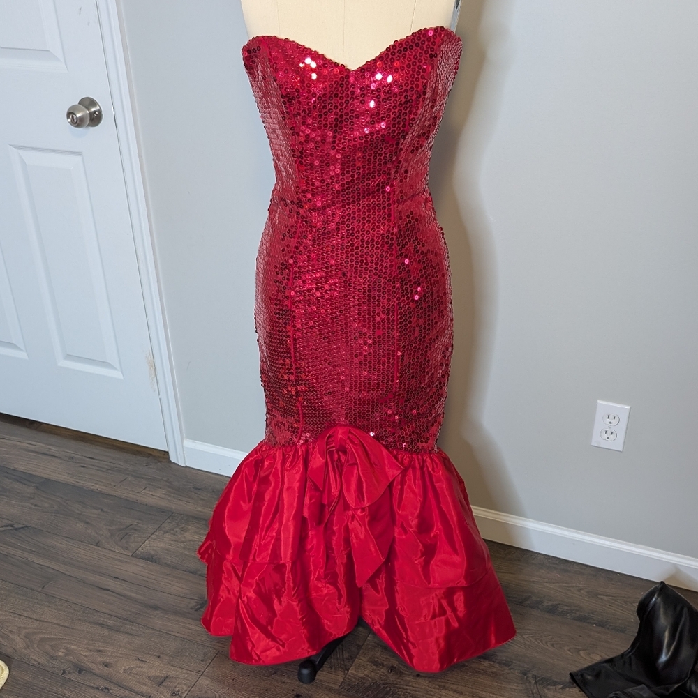Nadine Glamorous Scarlet Red Sequin Strapless Maxi‎ Mermaid 80s Dress Size Small